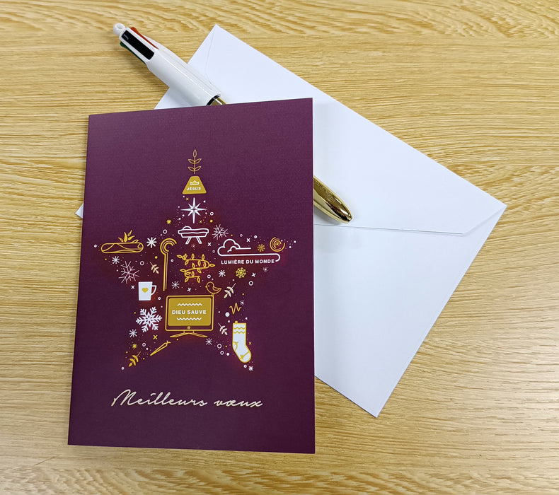 10 Cartes postales et enveloppes Noël étoile violet