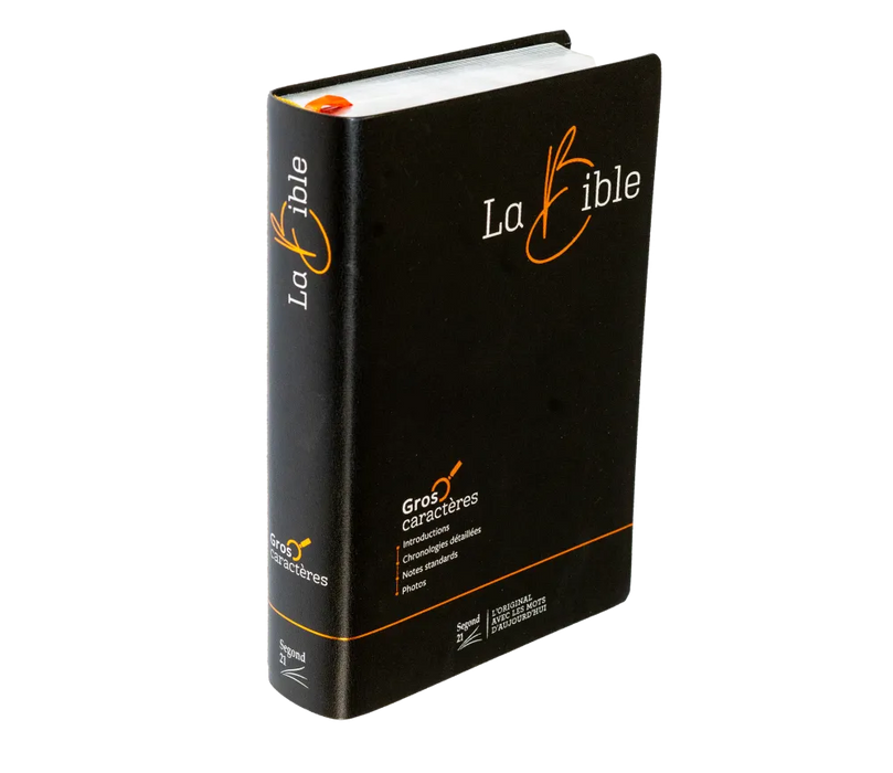 Bible Segond 21 gros caractères souple noire en fibrocuir, tranche argentée