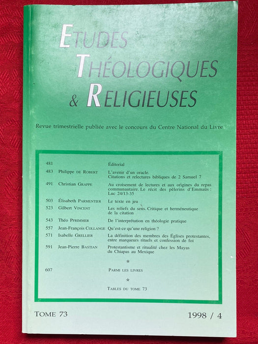 Occasion - Etudes Théologiques et Religieuses 1998/4