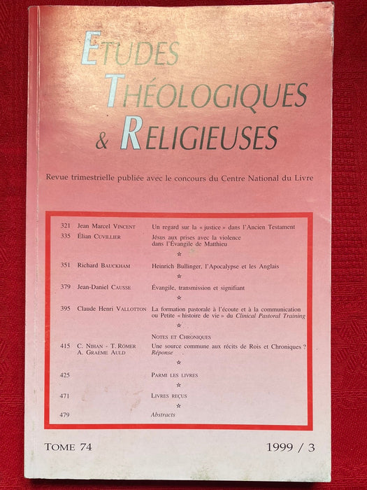 Occasion - Etudes Théologiques et Religieuses 1999/3