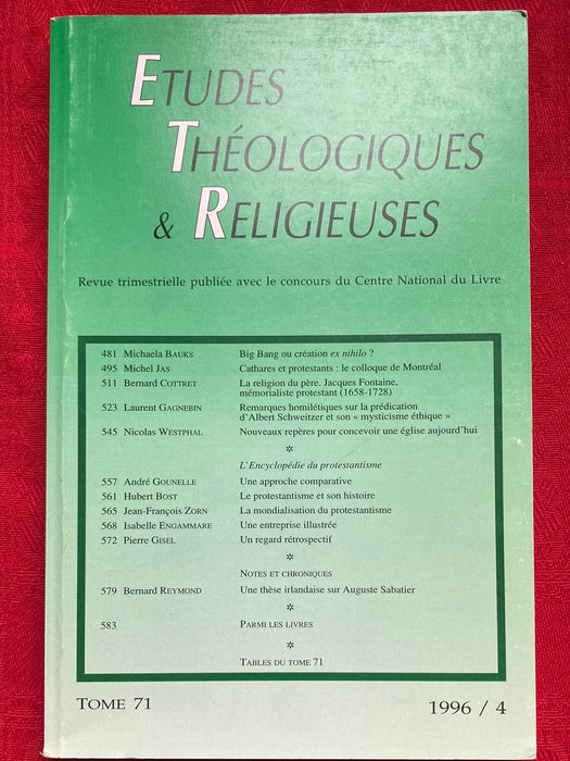 Occasion - Etudes Théologiques et Religieuses 1996/4
