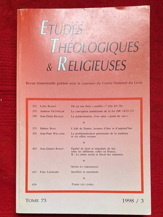 Occasion - Etudes Théologiques et Religieuses 1998/3
