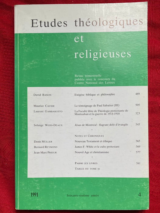 Occasion - Etudes Théologiques et Religieuses 1991/4