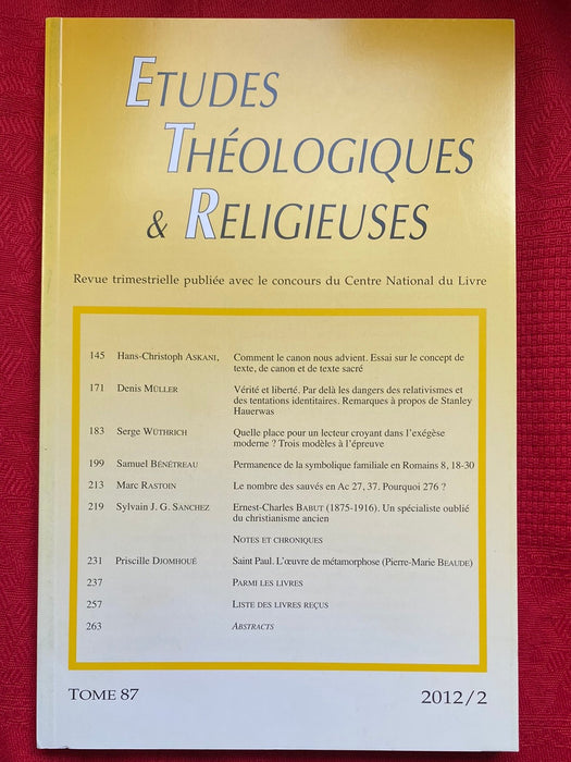 Occasion - Etudes Théologiques et Religieuses 2012/2