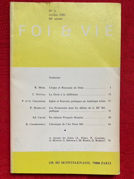 Occasion - Foi et Vie 3 Juillet 1981