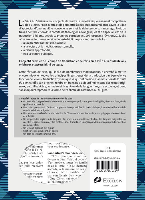Bible Semeur 2015 Bleue avec tissu carreaux textile semi-souple Tranche blanche