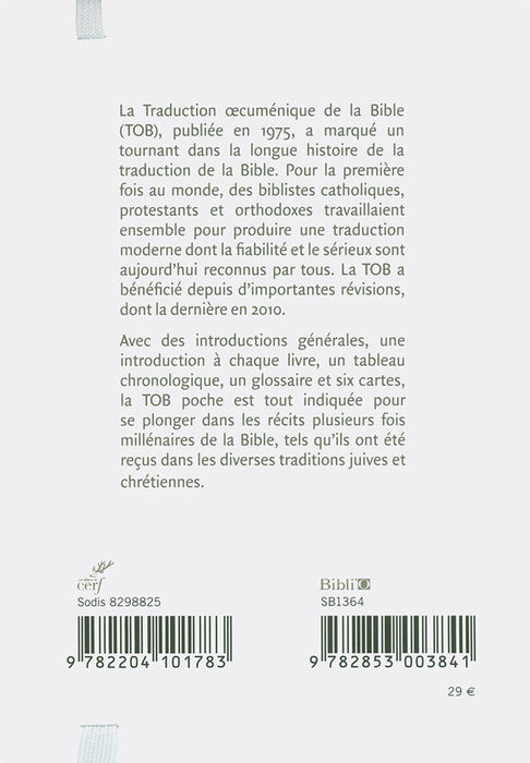 Bible TOB (Traduction Oecuménique de la Bible) à notes essentielles Blanche souple avec élastique