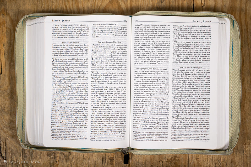 Bible bilingue anglais-français NLT-Segond 21 Beige semi-rigide Tranche blanche avec zip