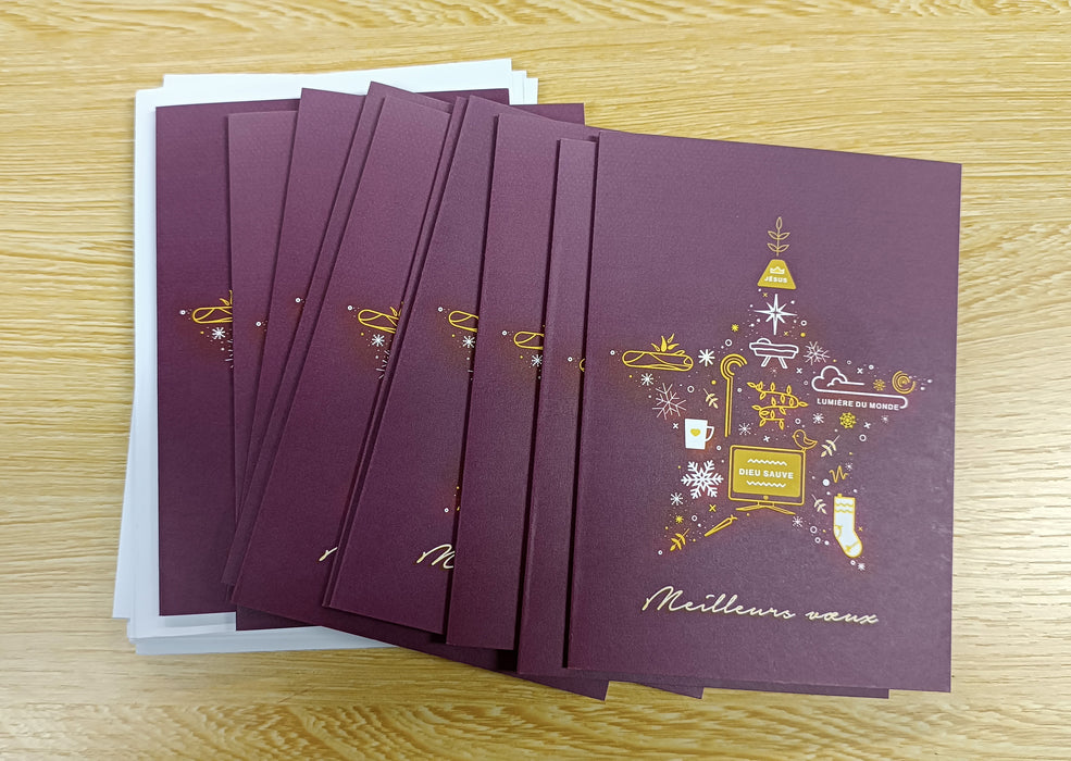 10 Cartes postales et enveloppes Noël étoile violet