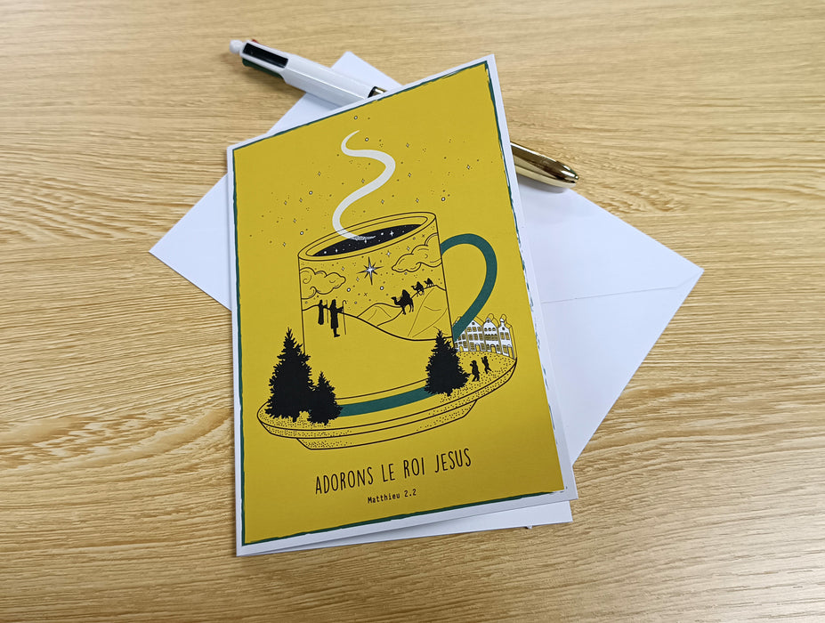 10 Cartes postales et enveloppes Noël tasse jaune